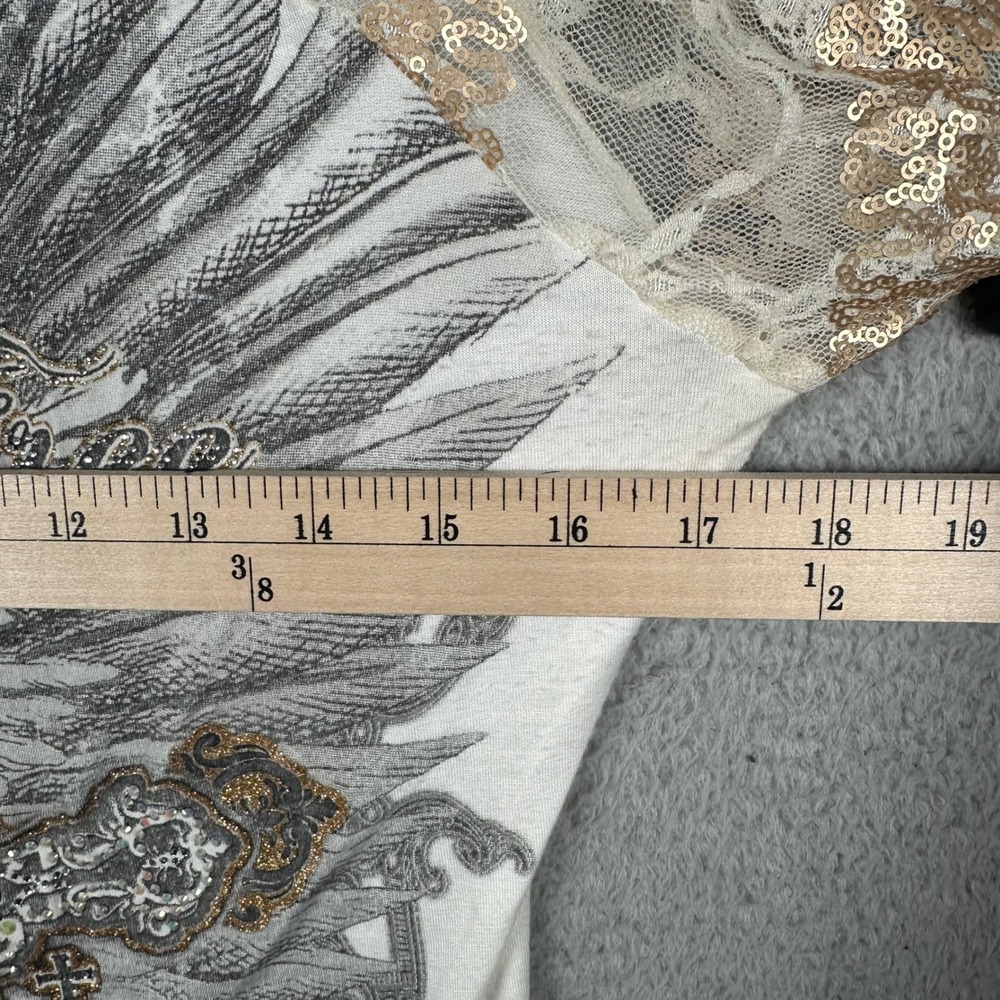 Y2K Angels & Diamonds Trust Top Sequin Lace Sleeve Rhinestone Cross Wings USA L - Picture 5 of 9